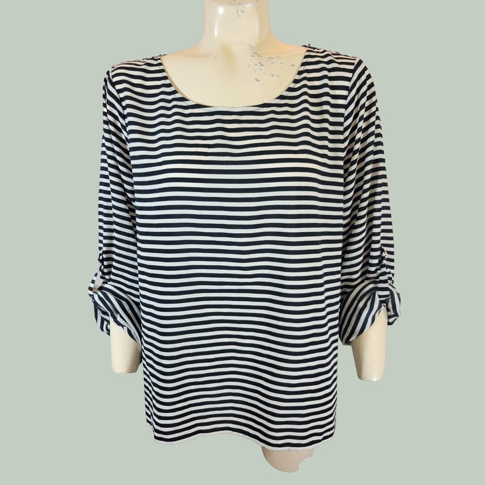 Calvin Klein Blouse Nautical Striped Roll Tab Sleeve Top Black White Large L